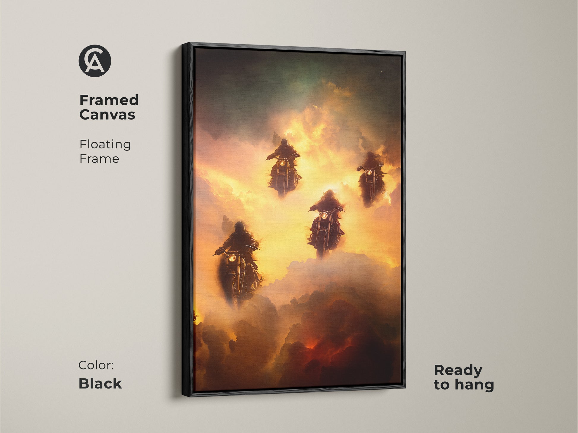 Enhance your space with this framed canvas featuring surreal motorcycle art. The black floating frame highlights fantasy riders in a gold green and orange cloudscape. Ready to hang this piece brings adventure and imagination to any room. Ideal for eclectic styles.