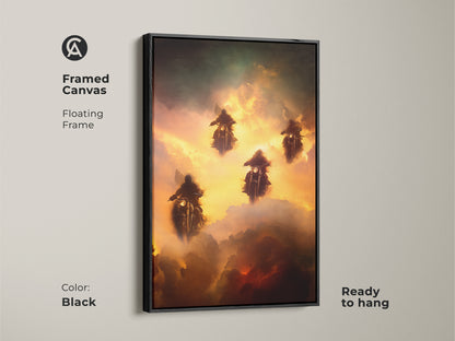 Enhance your space with this framed canvas featuring surreal motorcycle art. The black floating frame highlights fantasy riders in a gold green and orange cloudscape. Ready to hang this piece brings adventure and imagination to any room. Ideal for eclectic styles.