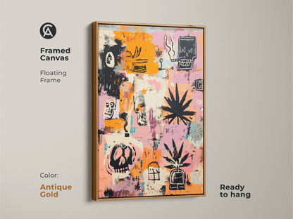 Framed canvas print of abstract artwork with skulls and cannabis leaves. The floating frame is antique gold. The painting features orange and pink hues. It is ready to hang. It adds a touch of modern style to any space.