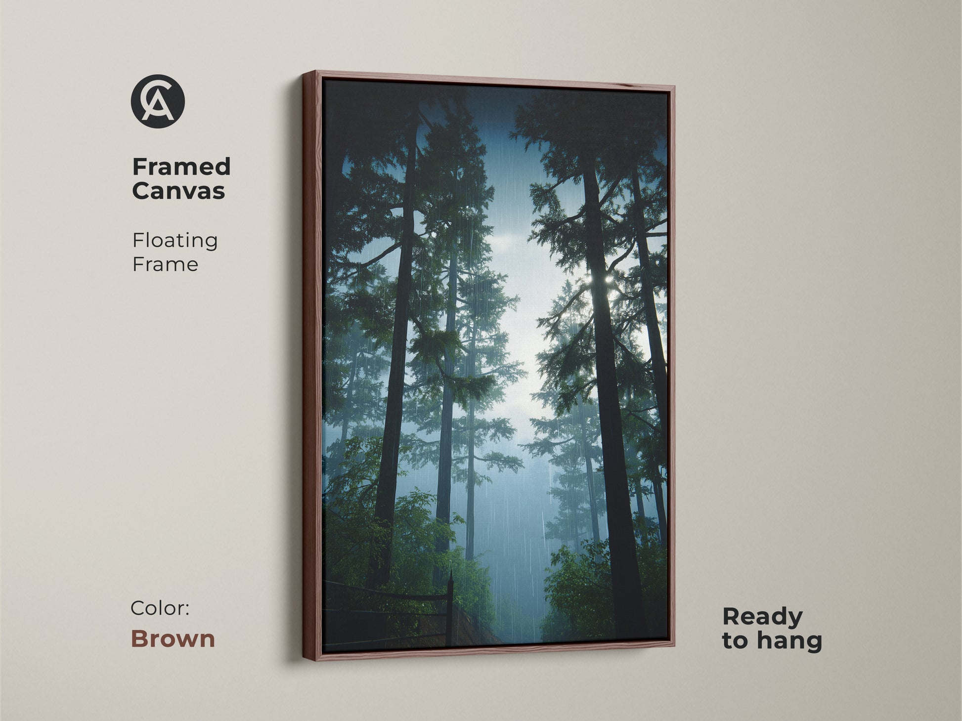 Framed canvas artwork of a serene pine forest. The brown floating frame complements the natural landscape. This deep green and misty blue art is ready to hang in your home.