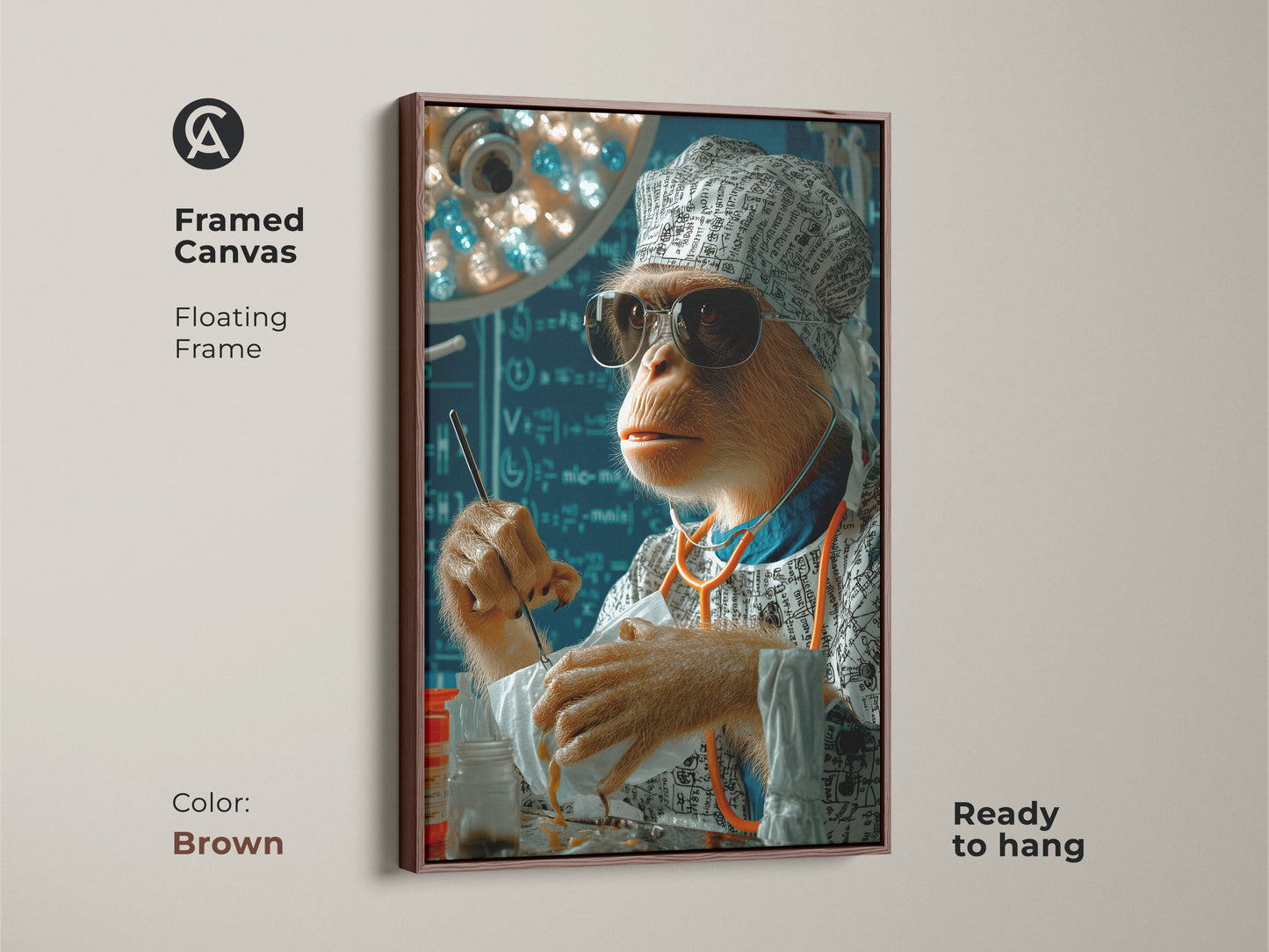 A framed canvas with a brown floating frame displays a surreal surgeon monkey artwork. Ready to hang. This medical humor art piece is a great gift for vets and doctors. Perfect for adding a touch of humor to office decor. This animal artwork blends brown orange and blue tones in a surgical scene.