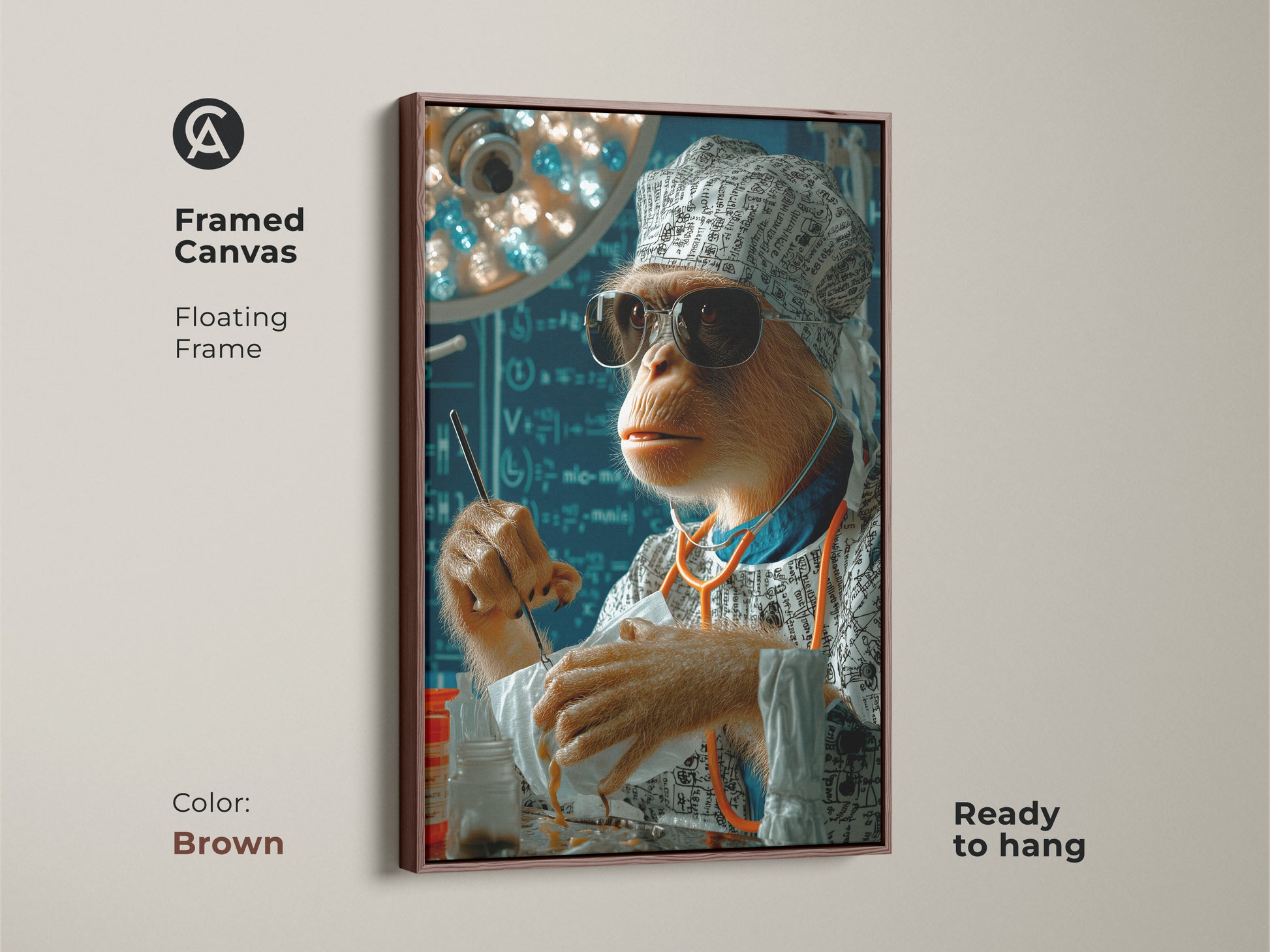A framed canvas with a brown floating frame displays a surreal surgeon monkey artwork. Ready to hang. This medical humor art piece is a great gift for vets and doctors. Perfect for adding a touch of humor to office decor. This animal artwork blends brown orange and blue tones in a surgical scene.