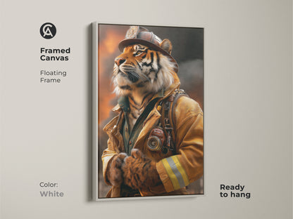 White framed canvas print featuring a tiger firefighter. This animal warrior art is ready to hang with its floating frame. Its unique style will add character to any room. A creative wall hanging that is perfect for firefighter fans.