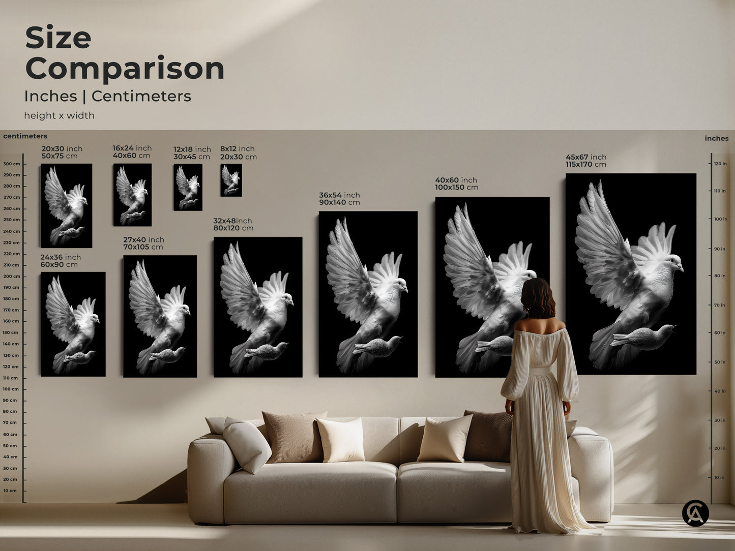 Sizing guide for monochrome dove art. See the canvas and poster print options. Perfect for minimalist bedroom art. Black white bird print serves as peaceful home decor. Consider this spiritual gift.
