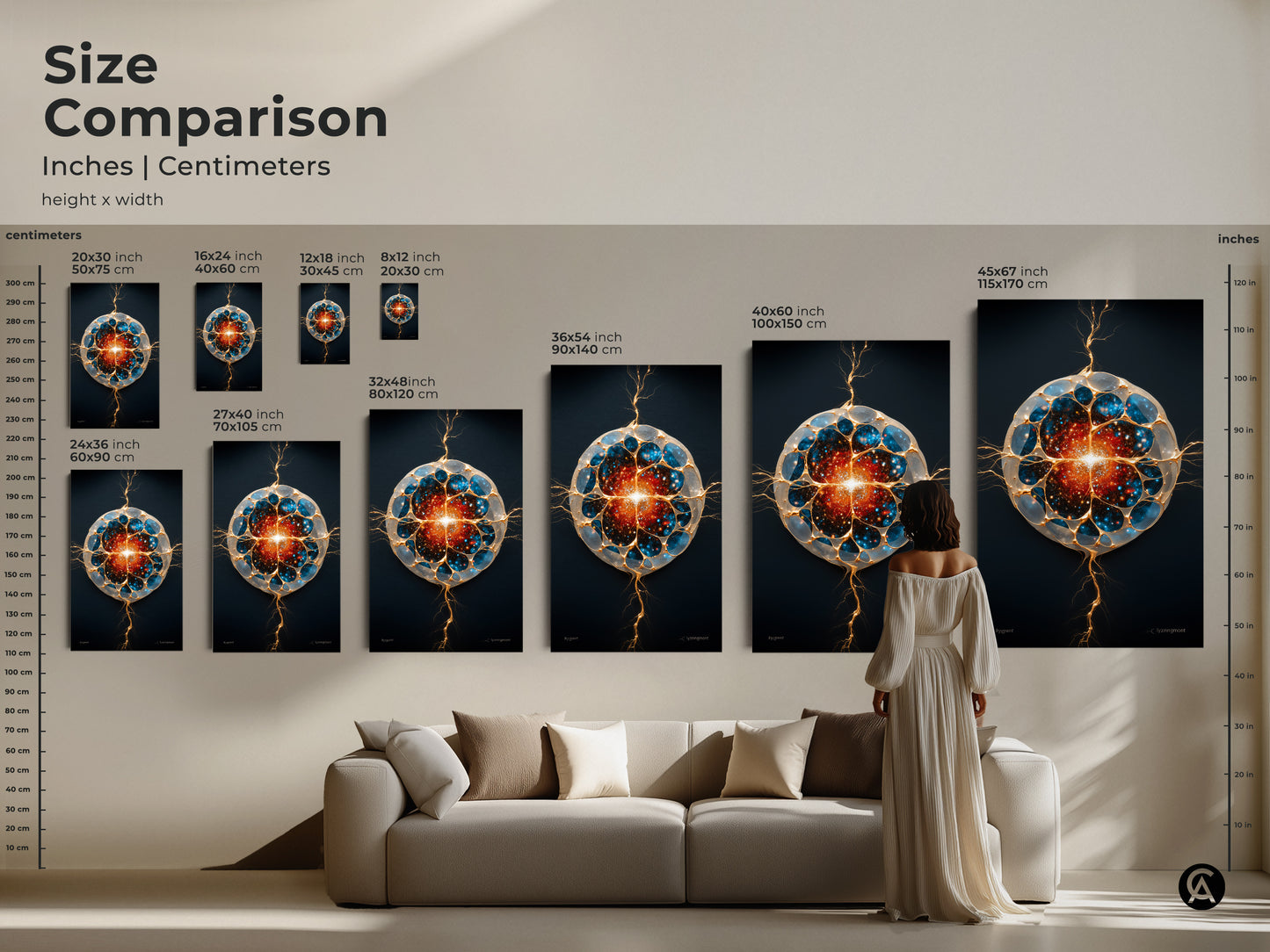 A size comparison of abstract cosmic cell art. The generative galaxy wall artwork comes in multiple sizes. Each canvas and poster print has blue gold and orange tones. A woman stands near a couch for scale. Perfect for sci-fi office decor or as a unique gift for stargazers. Transform your space with contemporary art.