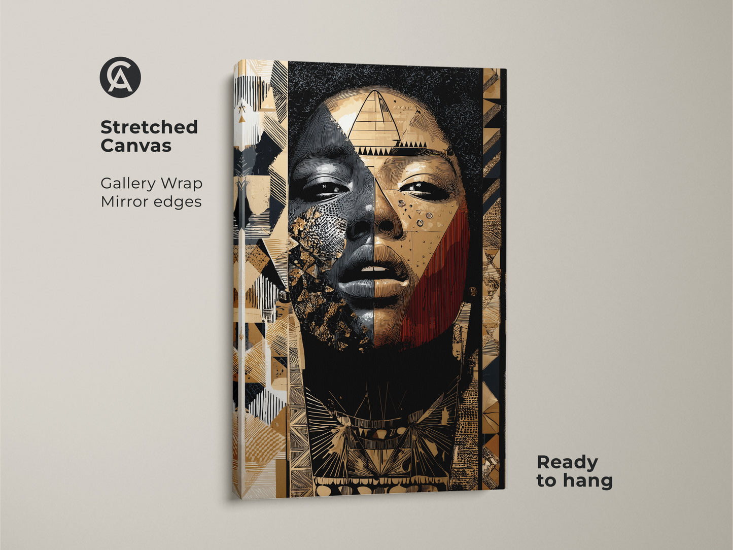Stretched canvas of an abstract woman portrait. Black gold geometric wall art. The eclectic tribal canvas print is ready to hang. Gallery wrapped with mirror edges for a seamless look.