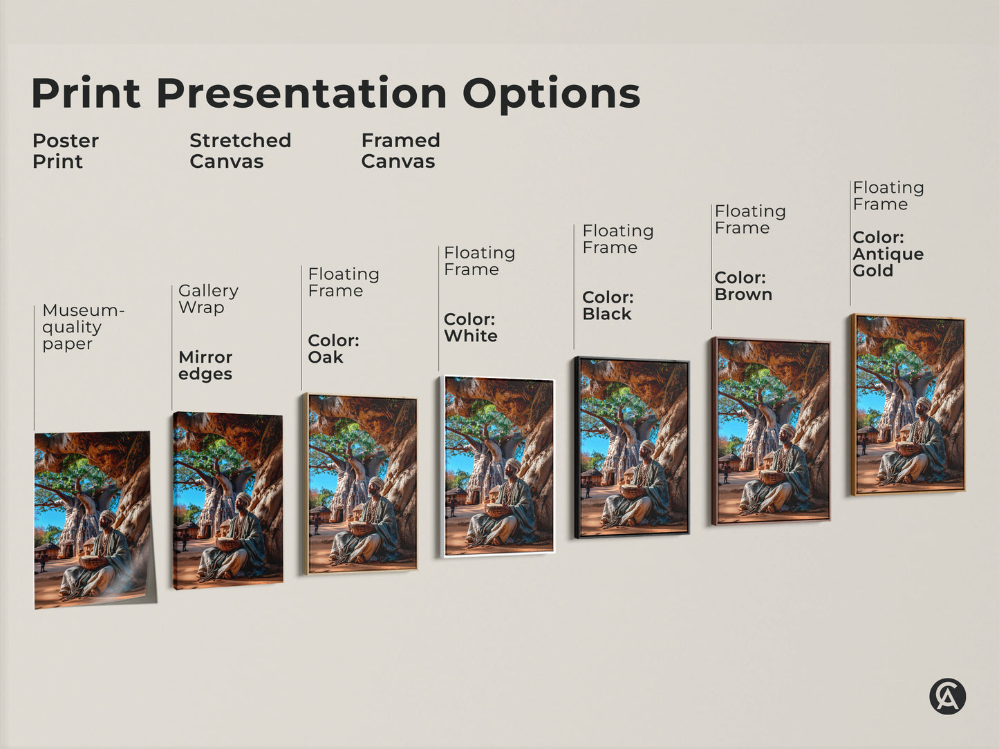 Explore print presentation options for this African art. Choose from poster stretched or framed canvas. Options include gallery wrap mirror edges and floating frames in various colors. Each features an African man drumming beneath a Baobab tree.