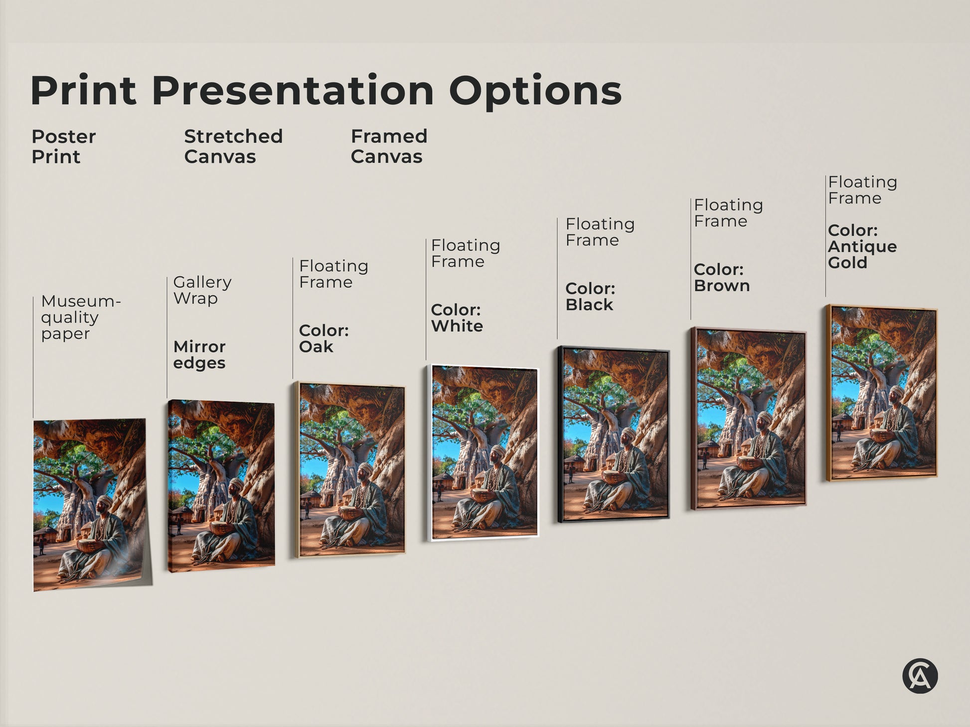 Explore print presentation options for this African art. Choose from poster stretched or framed canvas. Options include gallery wrap mirror edges and floating frames in various colors. Each features an African man drumming beneath a Baobab tree.