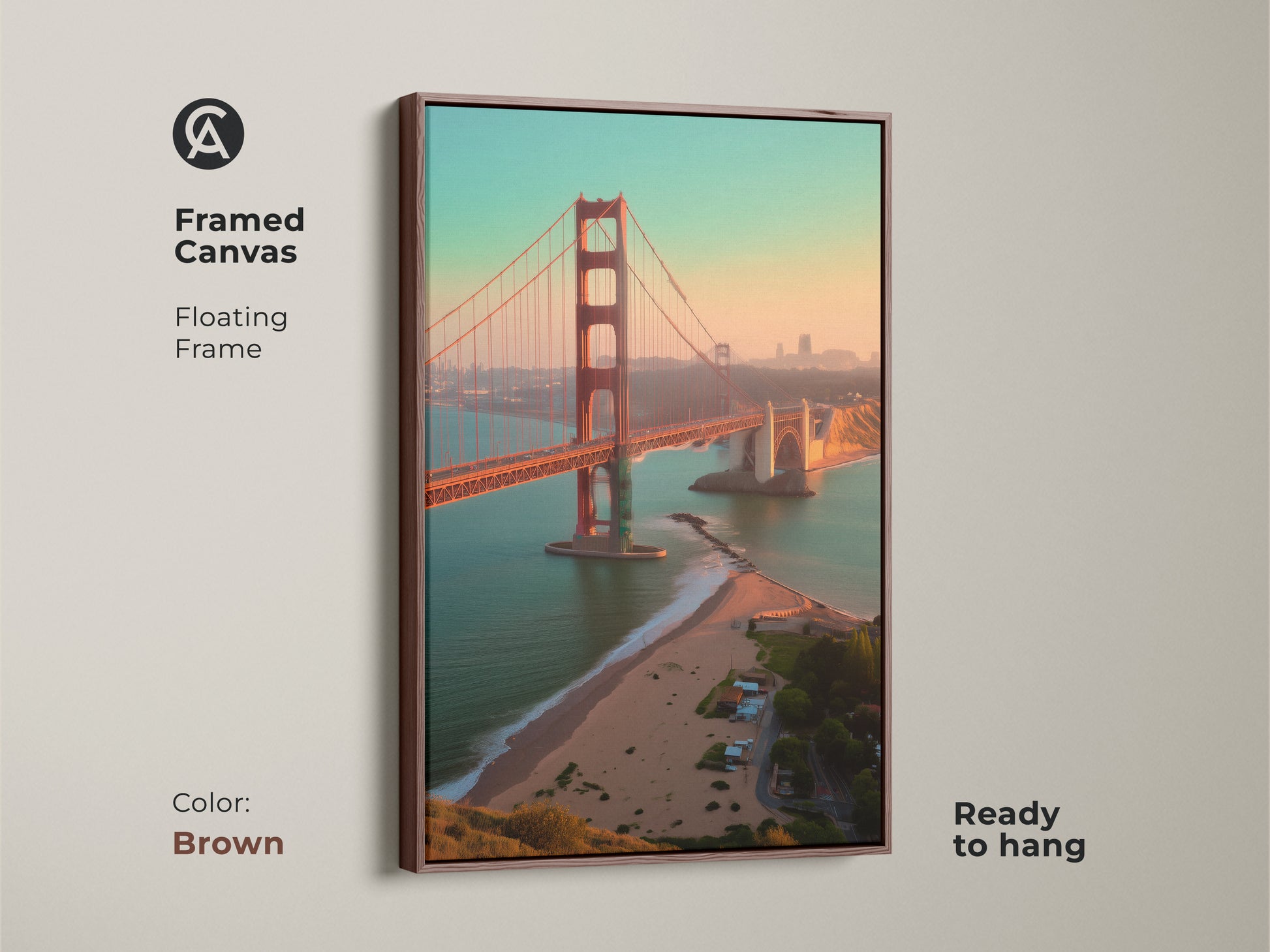 Framed canvas of the Golden Gate Bridge with a brown floating frame. Ready to hang California coast art print. Orange yellow teal wall art. Great housewarming gift for him.