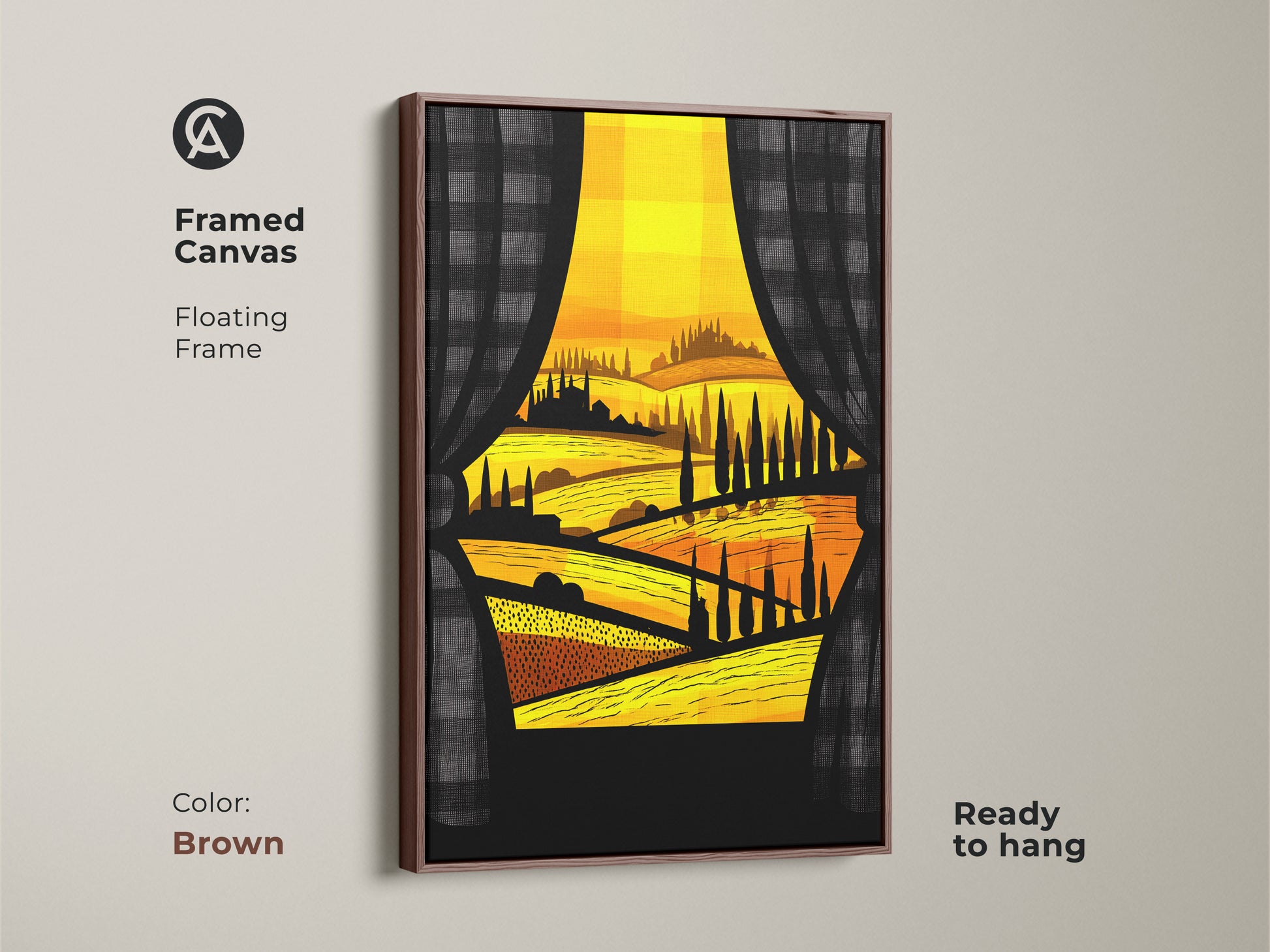 Framed Tuscan landscape art print with a brown floating frame. This canvas wall art captures golden hills and village scenes with a modern folk style. Ideal housewarming gift to bring Italian countryside charm to cozy home decor. Ready to hang.