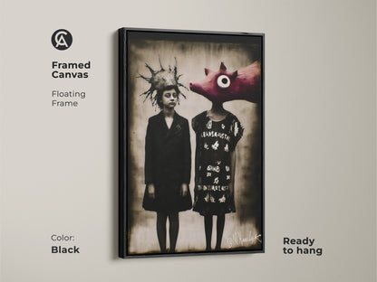 Framed canvas in brown featuring a surreal child pig artwork. Ready to hang in any eclectic home. The floating frame complements the dark academia style. A unique study room wall art piece or office artwork gift. The brown frame adds warmth to the figurative surrealism.