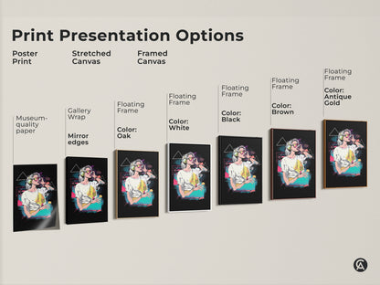 Print presentation options include poster print stretched canvas and framed canvas. The vaporwave woman art is available in museum-quality paper with gallery wrap mirror edges and floating frames in various colors.