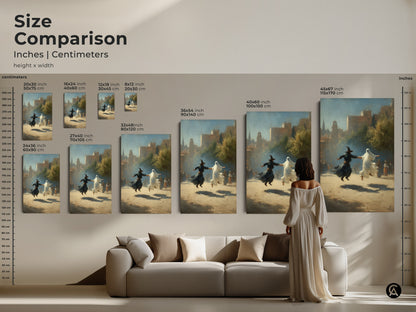 Size comparison of gothic witch and ghost dance art prints for wall art. See how different sizes fit above a sofa. Halloween fantasy wall art in classical realism style. Earth tone wall decor perfect for a study room or eclectic home. A unique wall hanging decor.