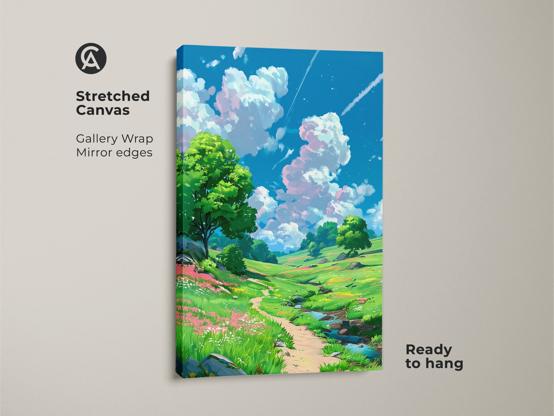 Stretched canvas artwork featuring a picturesque landscape. A winding path through a green meadow is surrounded by wildflowers. Trees and a blue sky with clouds enhance the scene. The gallery wrap canvas is ready to hang and enjoy.