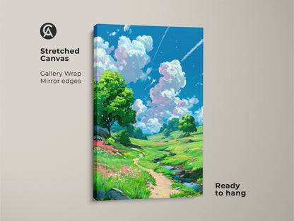 Stretched canvas artwork featuring a picturesque landscape. A winding path through a green meadow is surrounded by wildflowers. Trees and a blue sky with clouds enhance the scene. The gallery wrap canvas is ready to hang and enjoy.