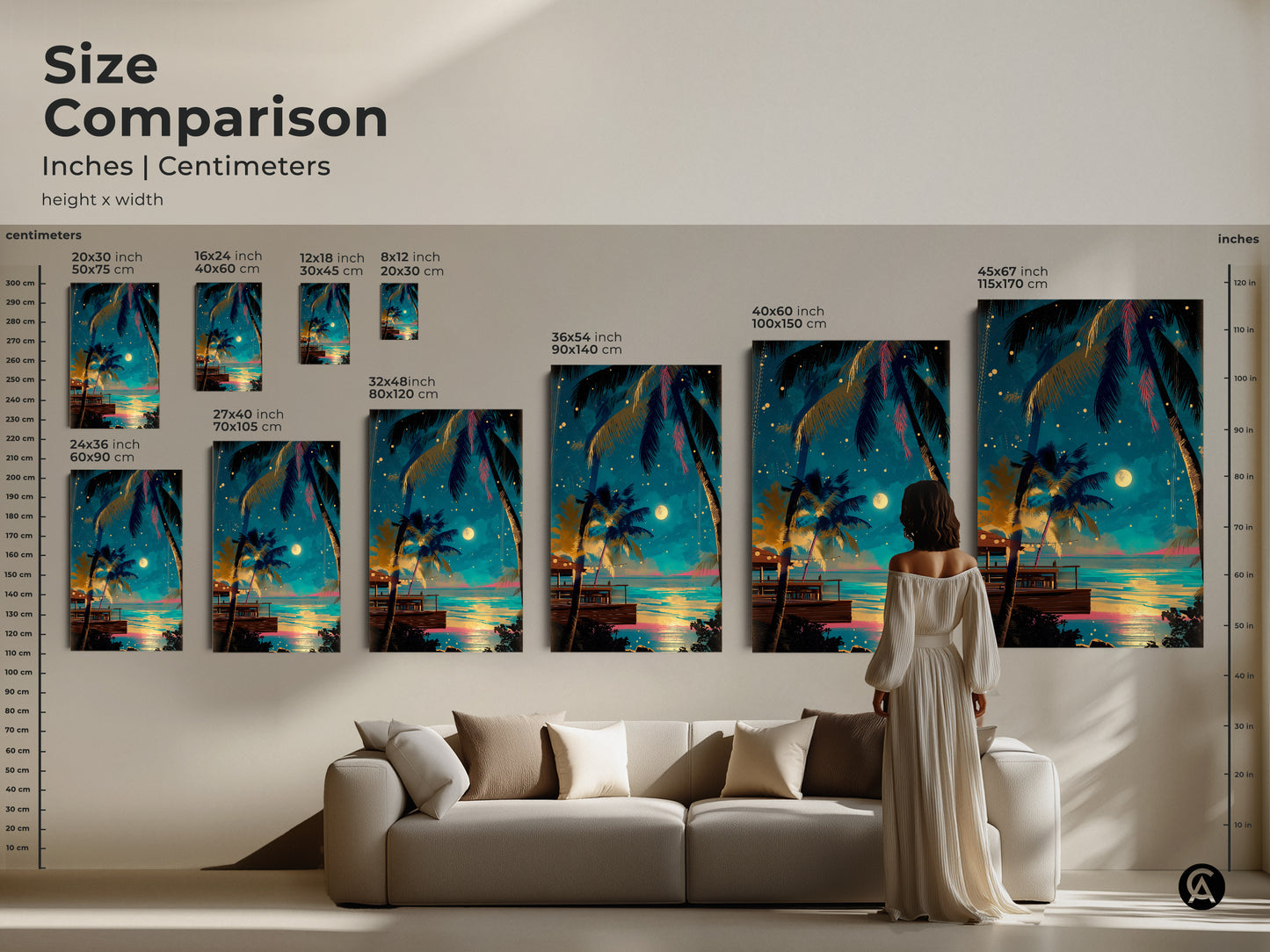 Size Comparison showcasing inches and centimeters of this tropical palm tree ocean view artwork. Discover how this canvas print elevates your living room. This boho beach art is perfect for residential wall decor.
