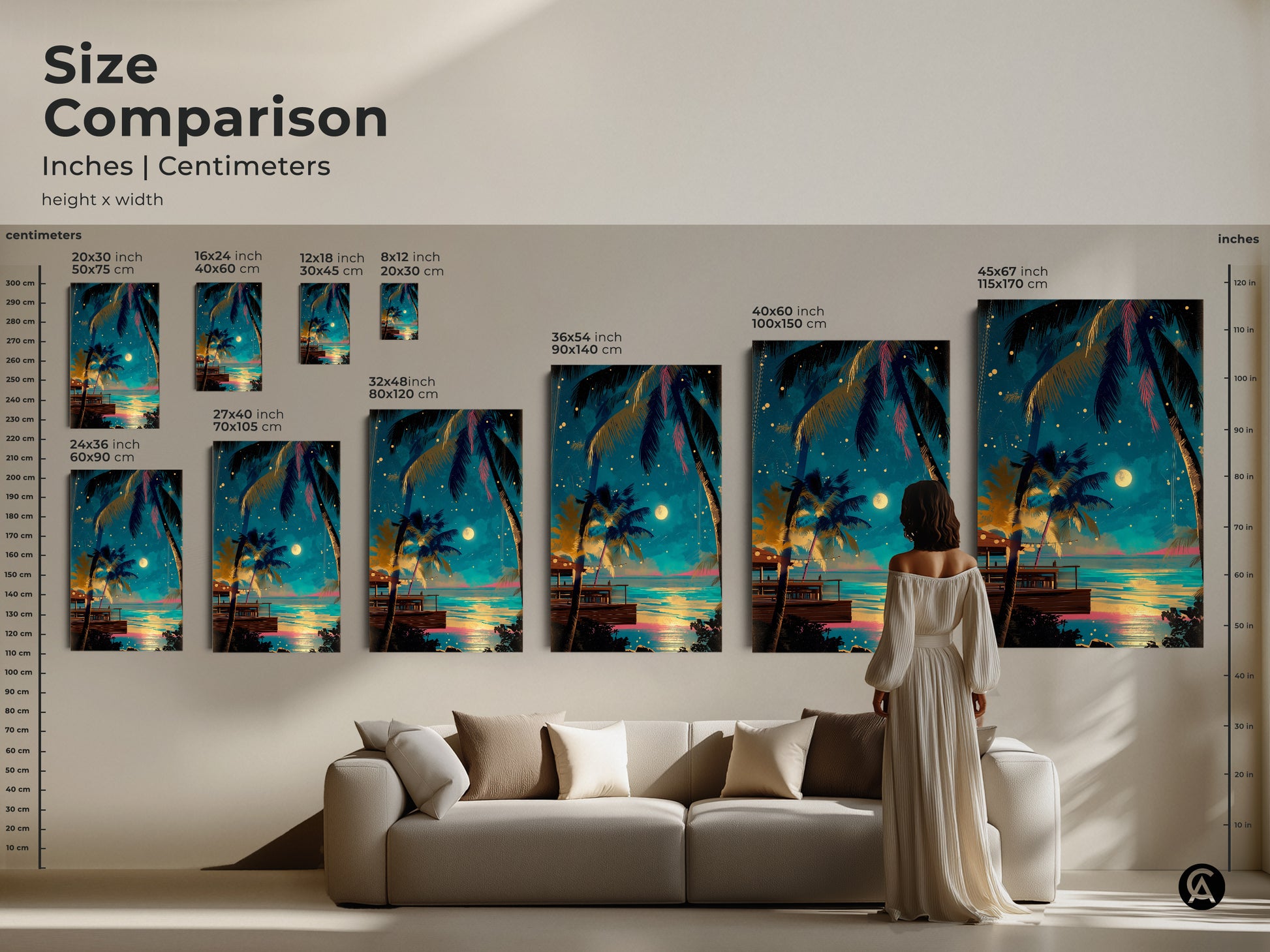 Size Comparison showcasing inches and centimeters of this tropical palm tree ocean view artwork. Discover how this canvas print elevates your living room. This boho beach art is perfect for residential wall decor.
