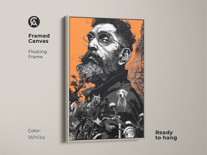A framed canvas art piece featuring a bearded man with glasses. Two dogs and a motorcycle are part of the art. The floating frame is white. Ready to hang this piece with its warm orange background.