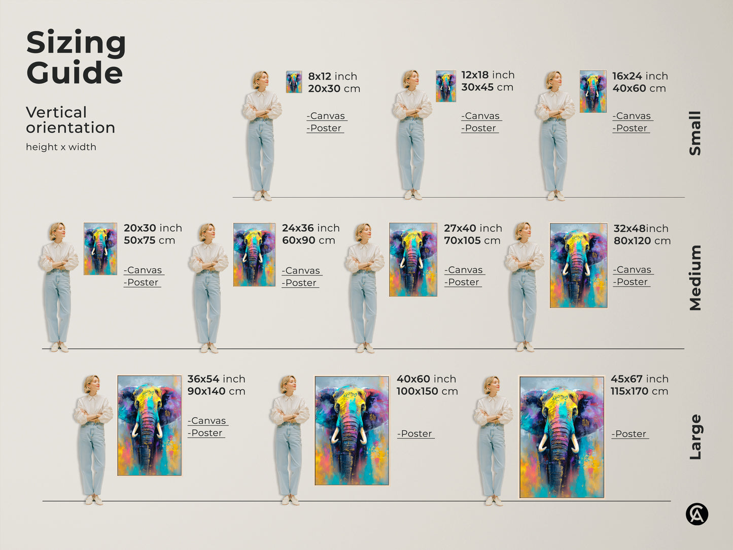 Sizing guide showcasing the colorful elephant artwork in various vertical orientations. Find the perfect fit for your space with canvas and poster options. This vibrant piece brings wildlife charm to any room size.