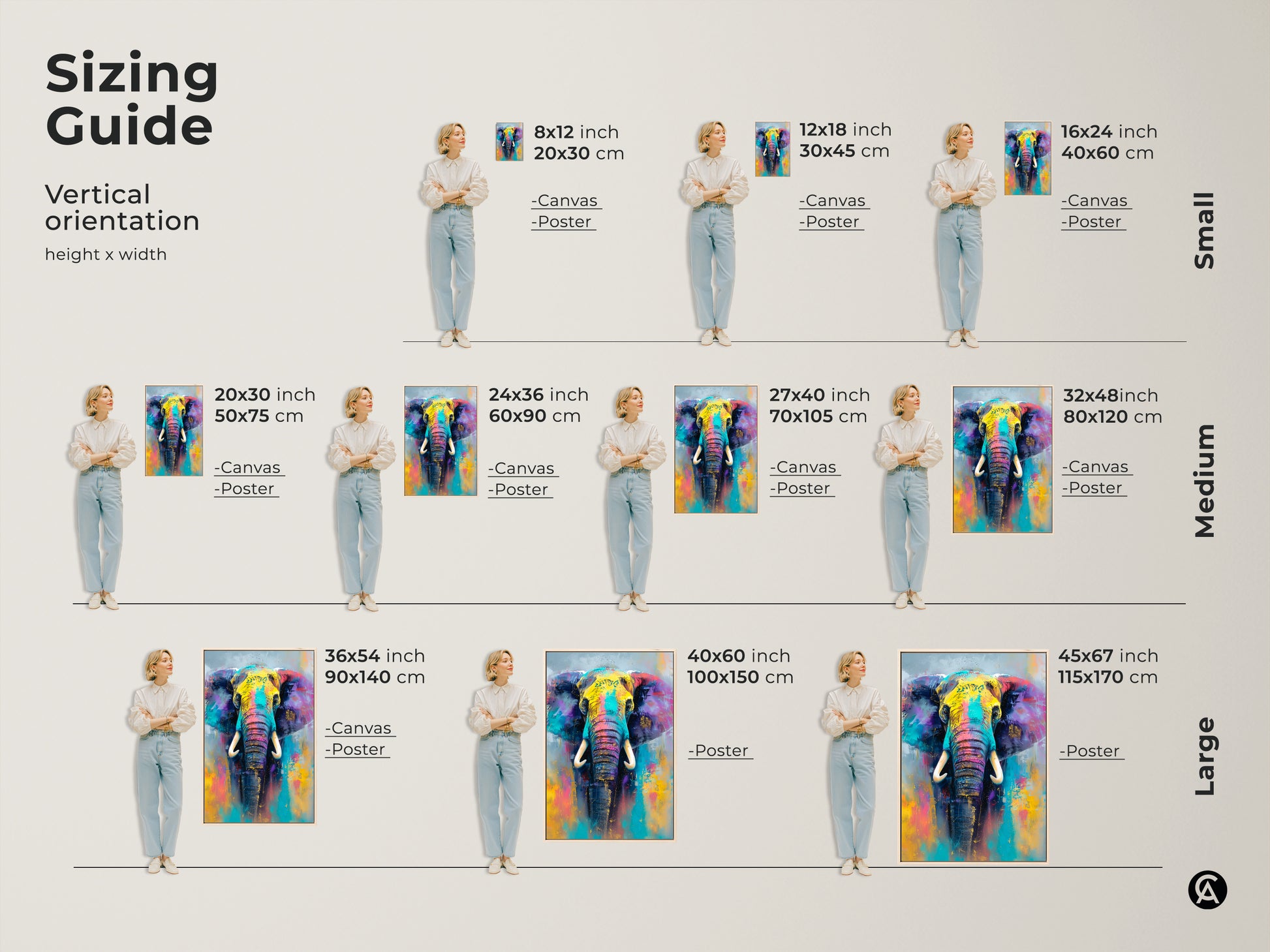Sizing guide showcasing the colorful elephant artwork in various vertical orientations. Find the perfect fit for your space with canvas and poster options. This vibrant piece brings wildlife charm to any room size.