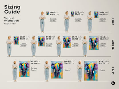 Sizing guide showcasing the colorful elephant artwork in various vertical orientations. Find the perfect fit for your space with canvas and poster options. This vibrant piece brings wildlife charm to any room size.