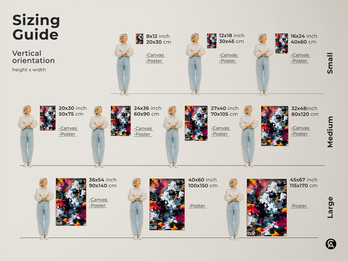Sizing guide for vertical abstract art prints. See how canvas and poster prints look in various sizes. From small 8x12 inch to large 45x67 inch. Visualize the perfect fit for your space. Find the ideal size for your artwork.