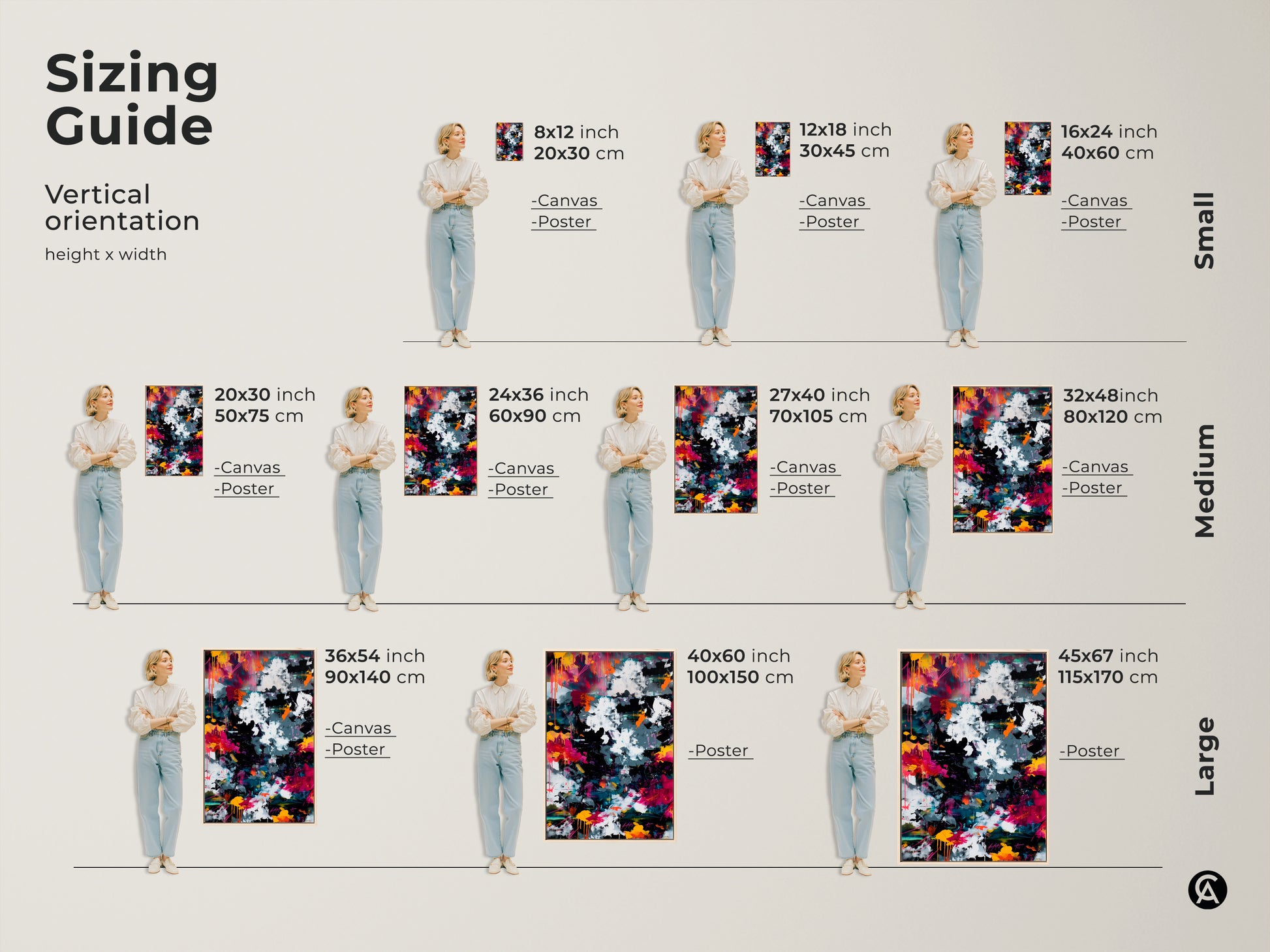 Sizing guide for vertical abstract art prints. See how canvas and poster prints look in various sizes. From small 8x12 inch to large 45x67 inch. Visualize the perfect fit for your space. Find the ideal size for your artwork.