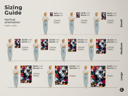 Sizing guide for vertical abstract art prints. See how canvas and poster prints look in various sizes. From small 8x12 inch to large 45x67 inch. Visualize the perfect fit for your space. Find the ideal size for your artwork.