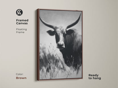 Brown framed canvas featuring monochrome cow artwork. The floating frame adds elegance to this textured bull print. Ready to hang farmhouse animal art. Ideal for rustic decor.