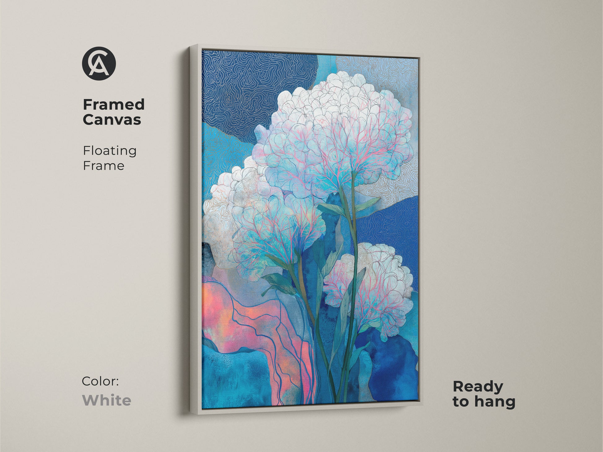 Framed canvas with an antique gold floating frame. This blue abstract art features a textured floral art style. The teal pink canvas art is ready to hang. It is a perfect gift for plant lovers and is a modern home art piece.