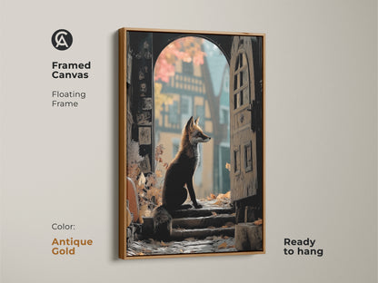 The framed canvas has a floating frame in antique gold. The artwork shows a fox sitting at an archway. The woodland animal print is ready to hang. The colors are gold & brown for an eclectic look.
