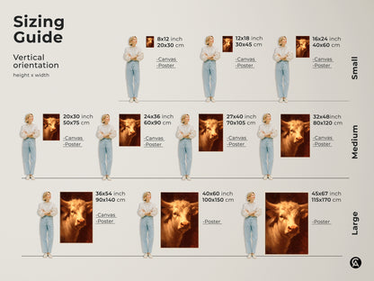 Discover the perfect size for your space. Our vertical sizing guide displays the bull artwork in various dimensions. Options include canvas and poster prints. Find the ideal fit to complement your home or office decor today!