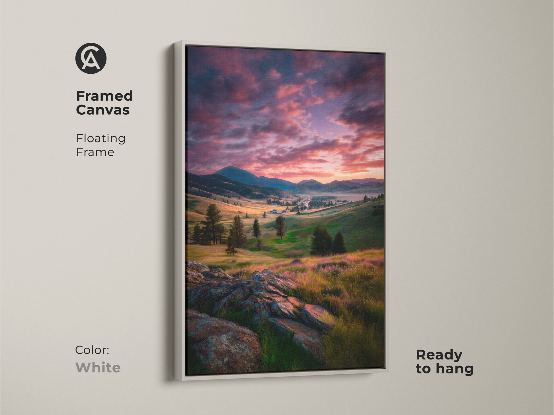 White framed canvas showing a serene mountain valley at sunset. This nature-themed artwork is ready to hang. It complements modern rustic decor. Perfect as scenic wall art for any room.