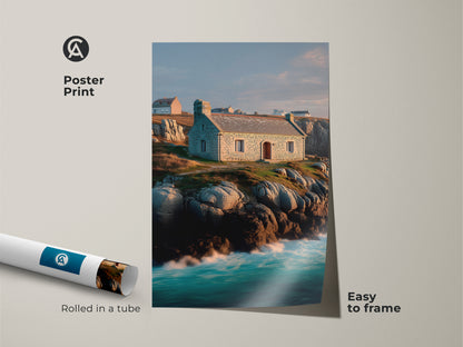 Poster print of a coastal stone cottage art. The artwork shows a rocky coastline with ocean waves. Blue green teal landscape of a seaside stone house. Easy to frame natural landscape art. Rolled in a protective tube for shipping.