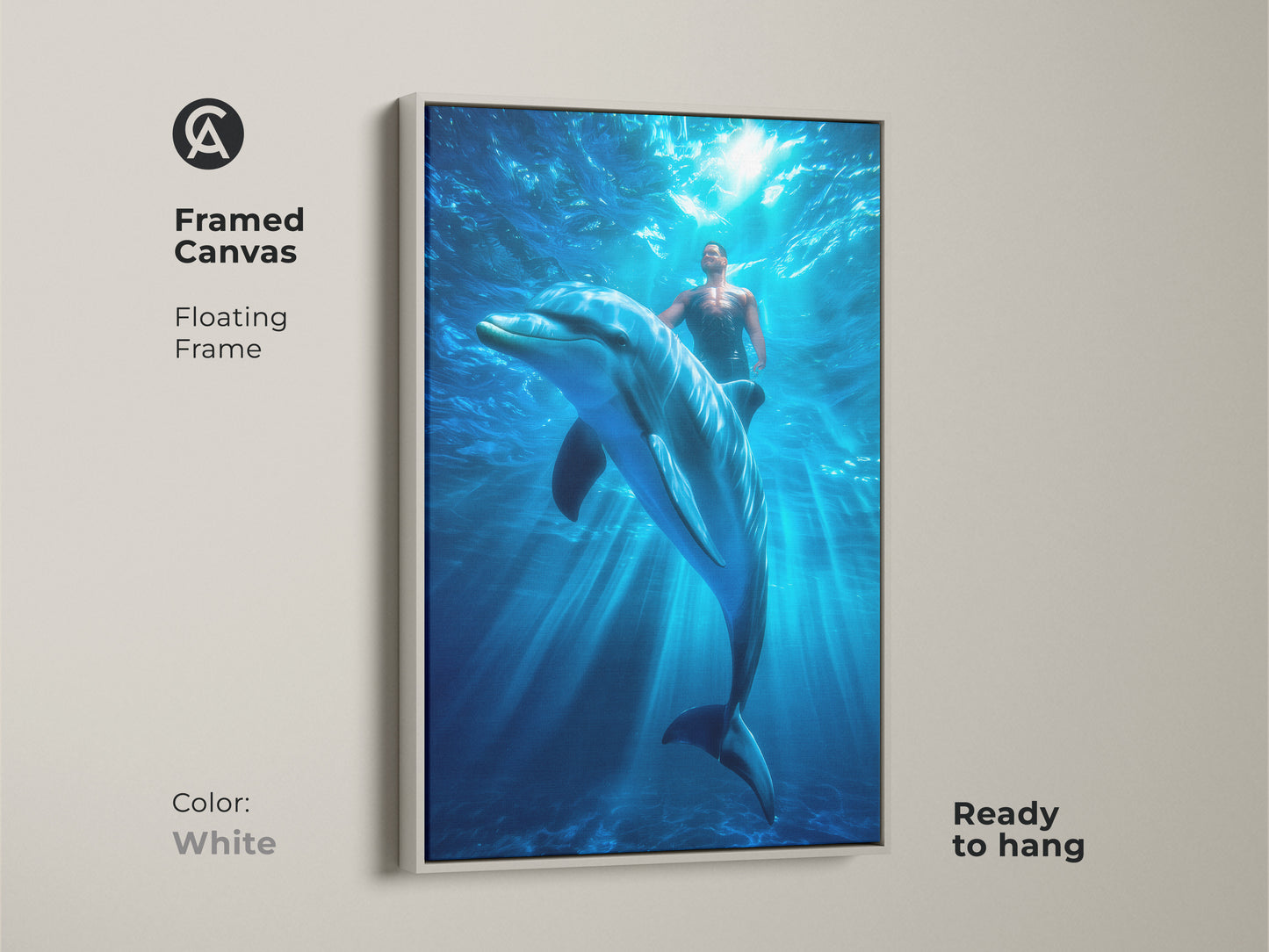 Framed canvas art features a man swimming with a dolphin underwater. The white floating frame highlights this dreamy underwater scene print. Ready to hang this aquatic surrealism artwork is perfect for ocean lovers.