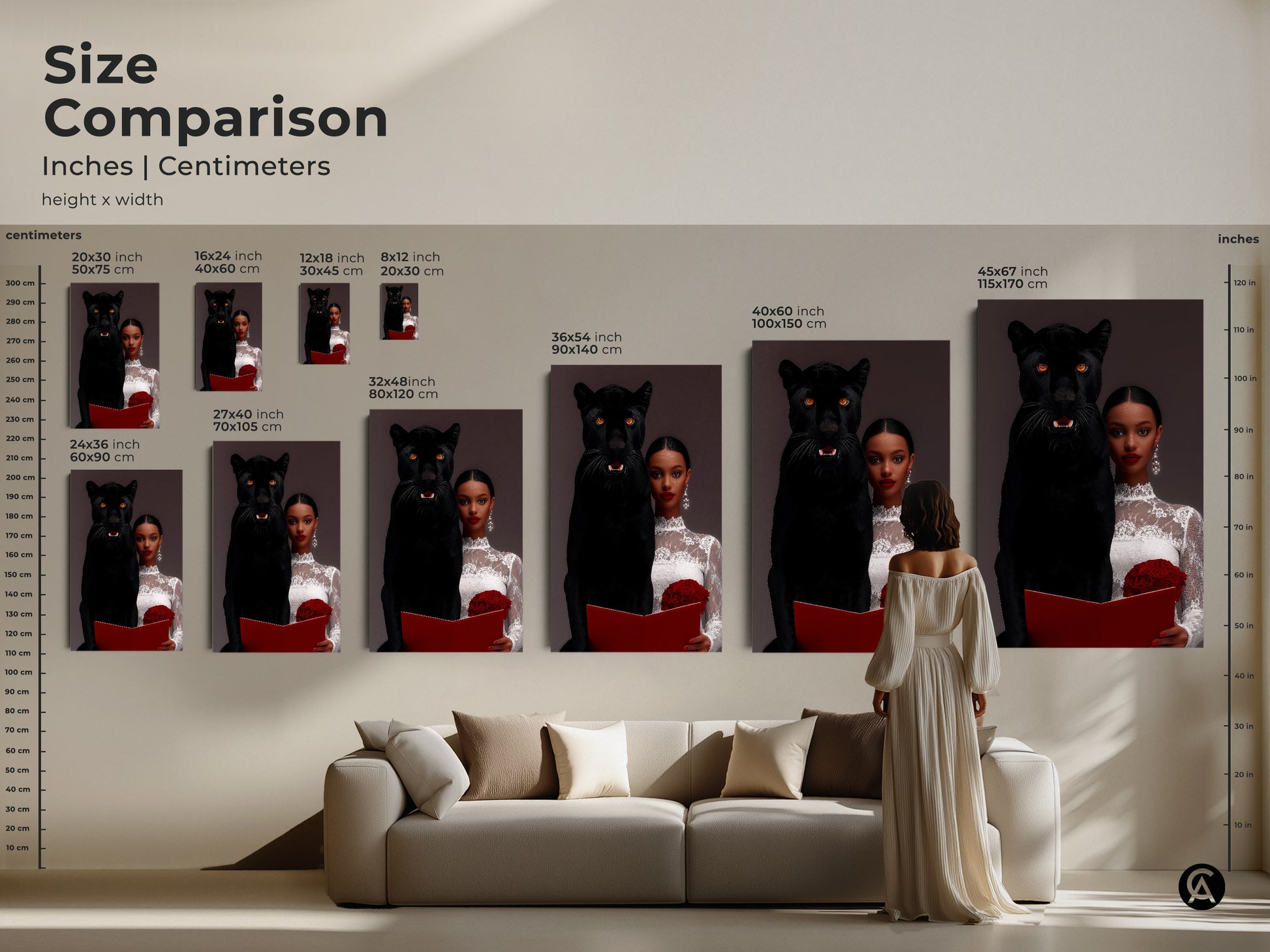 Size comparison of surrealist art print. Artwork of a woman with a black panther shown in various sizes. Inches and centimeters are displayed. See how the artwork looks above a sofa. Sizes range from 8x12 inches to 45x67 inches.