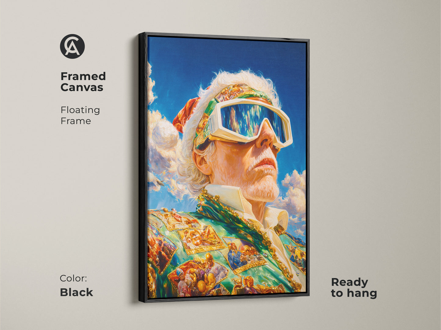Framed canvas art with a black floating frame is shown. The artwork features a man in goggles and a suit. It is ready to hang. This piece combines modern framing with unique art. A stylish addition to any art collection.