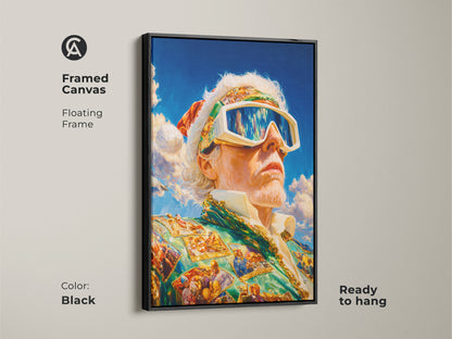 Framed canvas art with a black floating frame is shown. The artwork features a man in goggles and a suit. It is ready to hang. This piece combines modern framing with unique art. A stylish addition to any art collection.