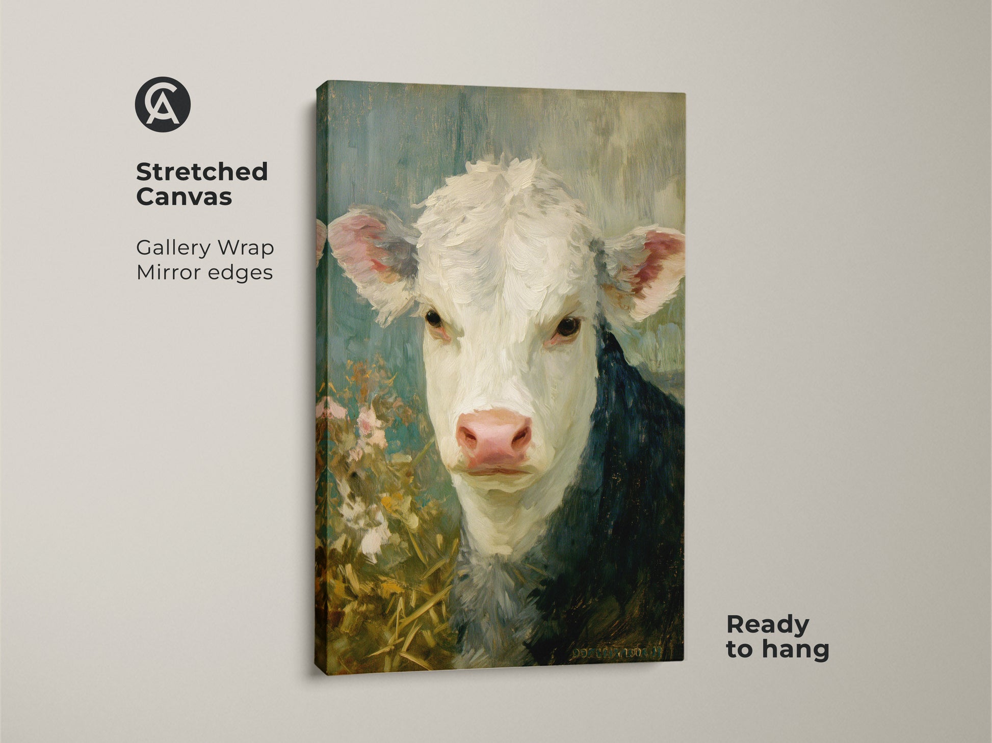 Close-up of a stretched canvas featuring a hereford calf painting. The gallery wrap and mirror edges provide a modern look. This ready-to-hang fine art piece brings rustic charm. Ideal for country home decor.