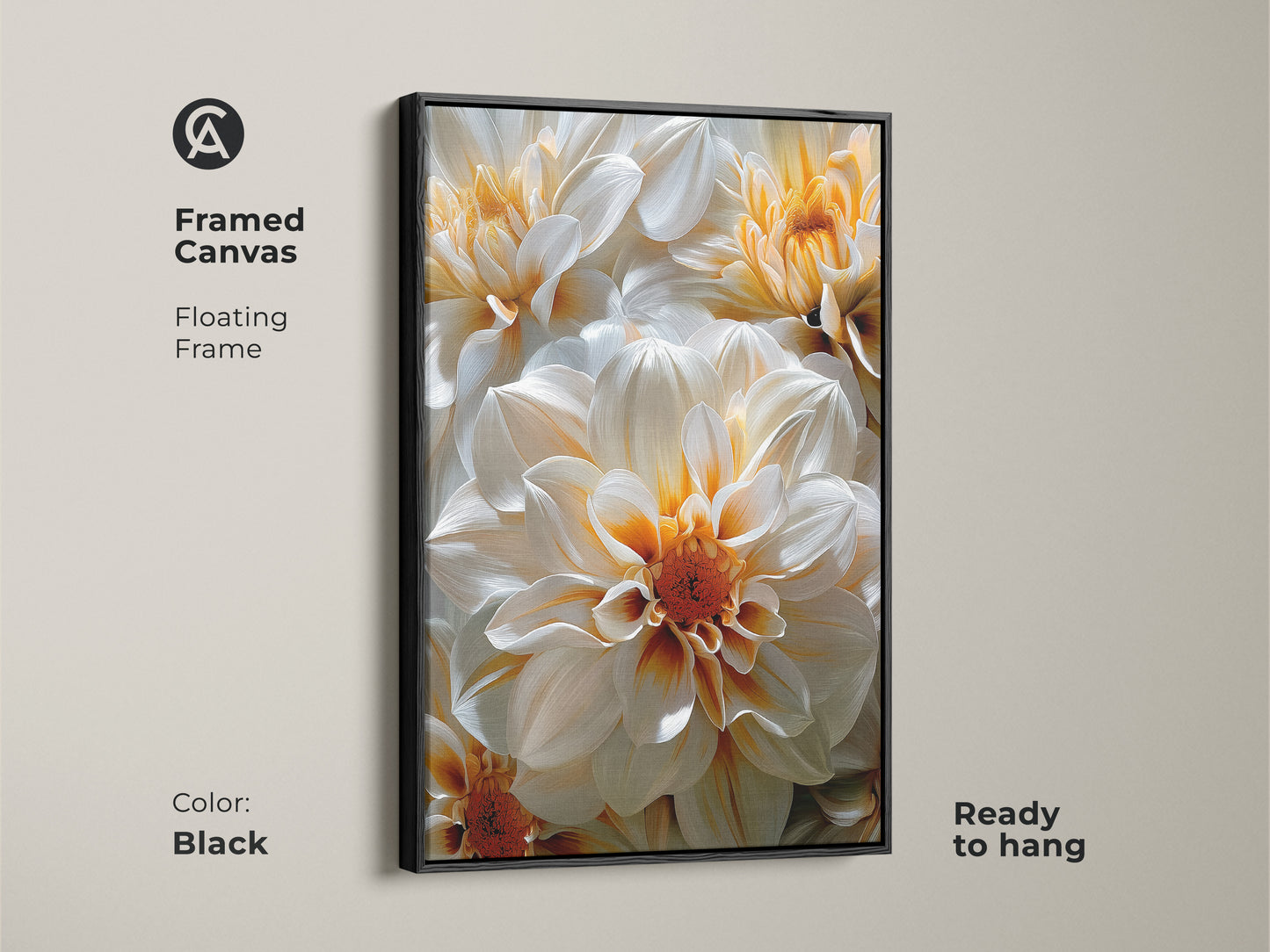 Black framed canvas featuring a floral artwork of dahlia flowers. Ready to hang this floral wall art brings elegance. The black floating frame enhances the beauty of the flower canvas. A stylish choice for home decor.