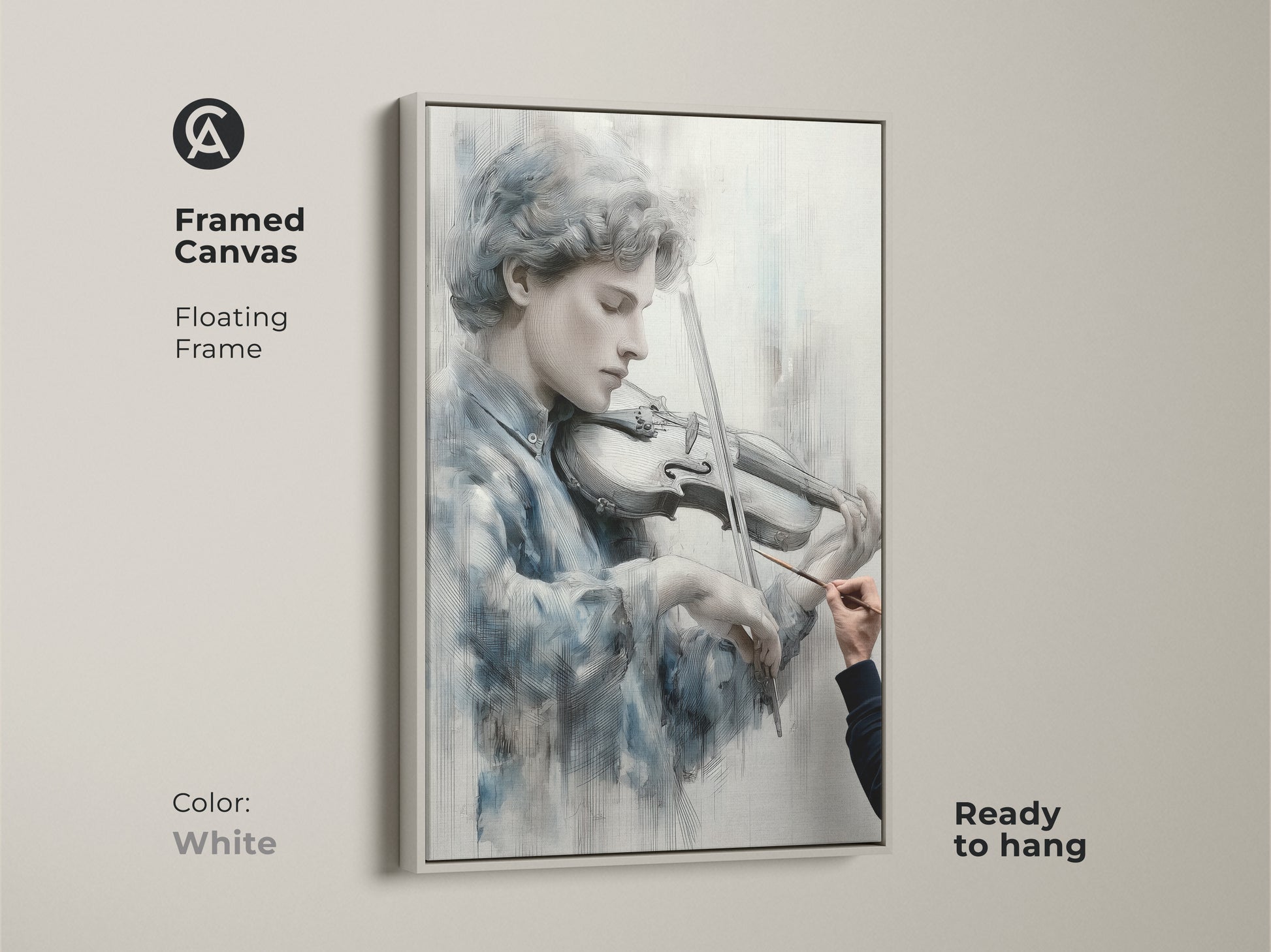 White framed canvas art displaying a young violinist. The floating frame offers a clean modern look. Ready to hang this fine art print enhances any room. A versatile piece for contemporary homes and art galleries. Enjoy the elegance.