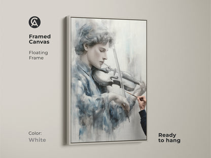White framed canvas art displaying a young violinist. The floating frame offers a clean modern look. Ready to hang this fine art print enhances any room. A versatile piece for contemporary homes and art galleries. Enjoy the elegance.