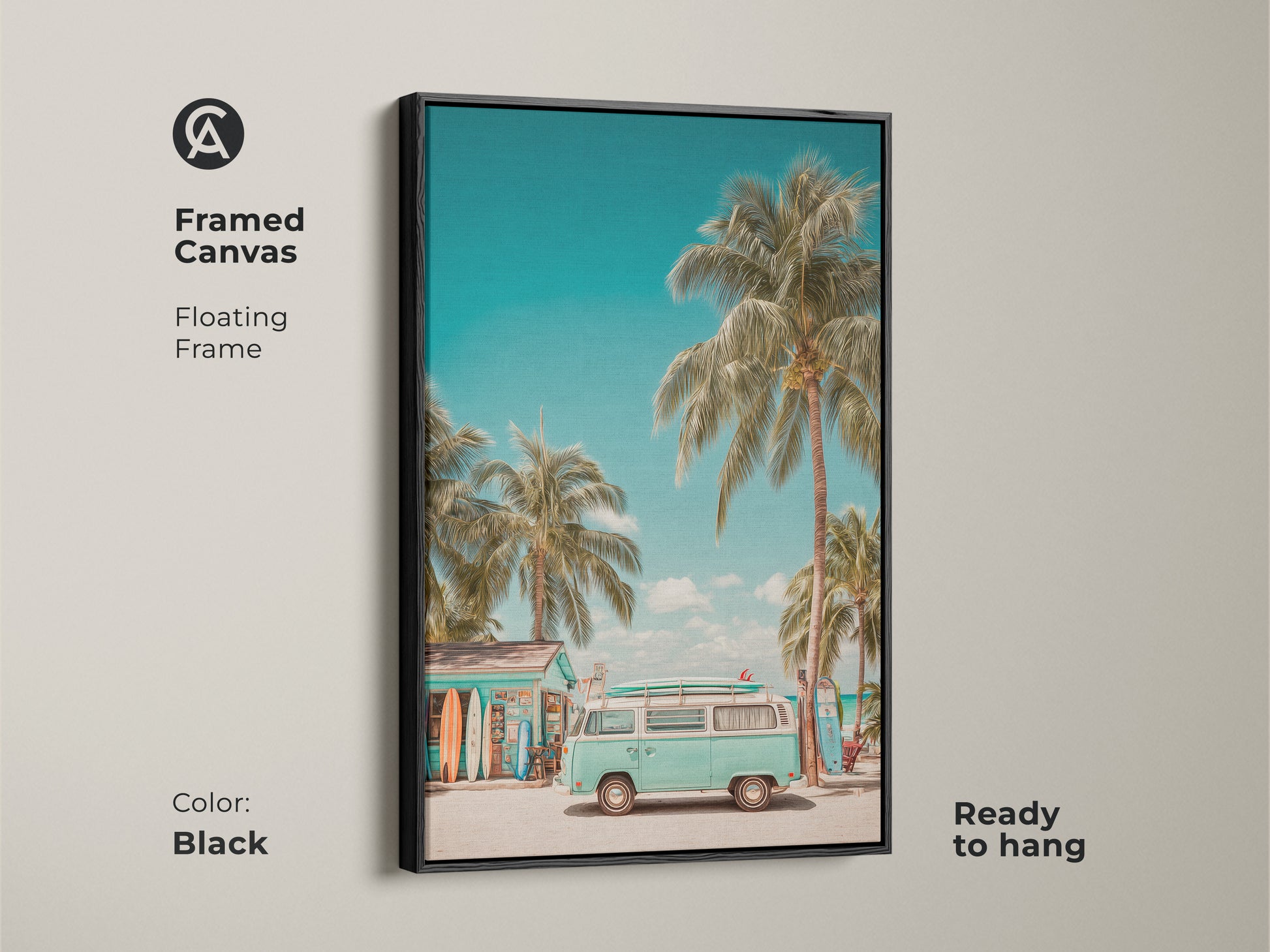Framed canvas art capturing a light teal VW bus parked near a beach surf shop. The black floating frame complements the tropical palm trees and surfboards. This ready-to-hang artwork brings a refreshing summer vibe to your home.