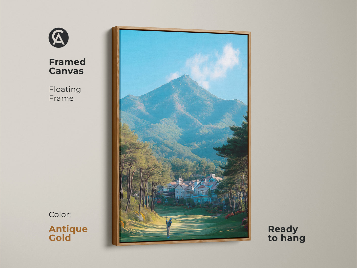 Framed canvas artwork featuring a golf course scene. The antique gold floating frame adds a touch of luxury. A golfer is set against a mountain landscape. This piece is ready to hang and enhances any room's decor.