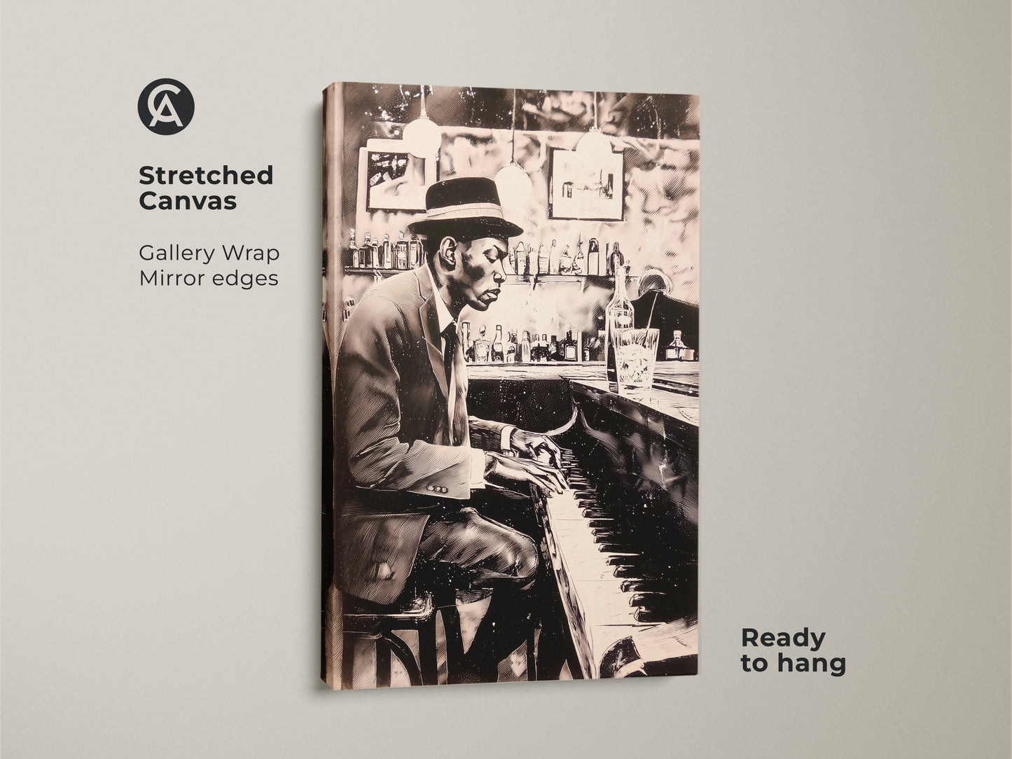 This is a stretched canvas print featuring a man playing piano at a bar. Gallery wrapped with mirrored edges it's ready to hang. The black and white artwork brings a jazzy vibe to your space. Elevate your home decor with this unique and stylish musical wall art today.