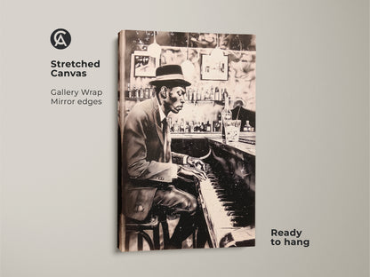 This is a stretched canvas print featuring a man playing piano at a bar. Gallery wrapped with mirrored edges it's ready to hang. The black and white artwork brings a jazzy vibe to your space. Elevate your home decor with this unique and stylish musical wall art today.