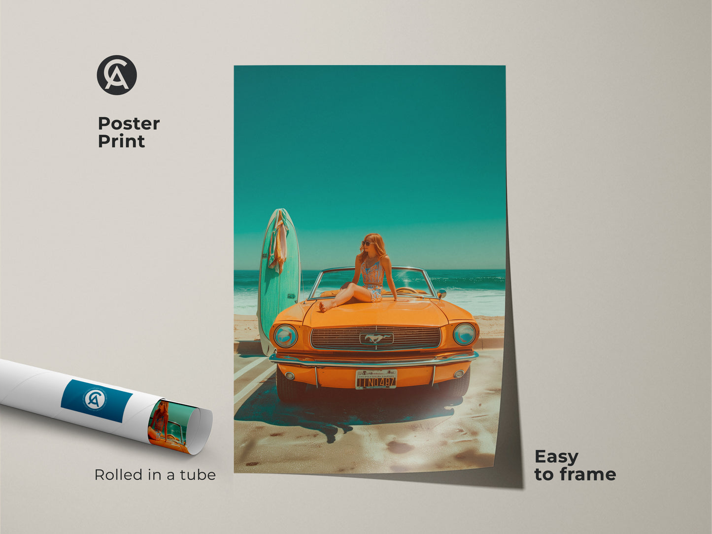 Poster print of a vintage Mustang by the beach. Rolled in a tube for easy framing. This museum-quality paper print captures a sunny day with a retro car and surfboard. A simple way to add a summer feel to your walls. Great for car lovers and those who appreciate vintage art.