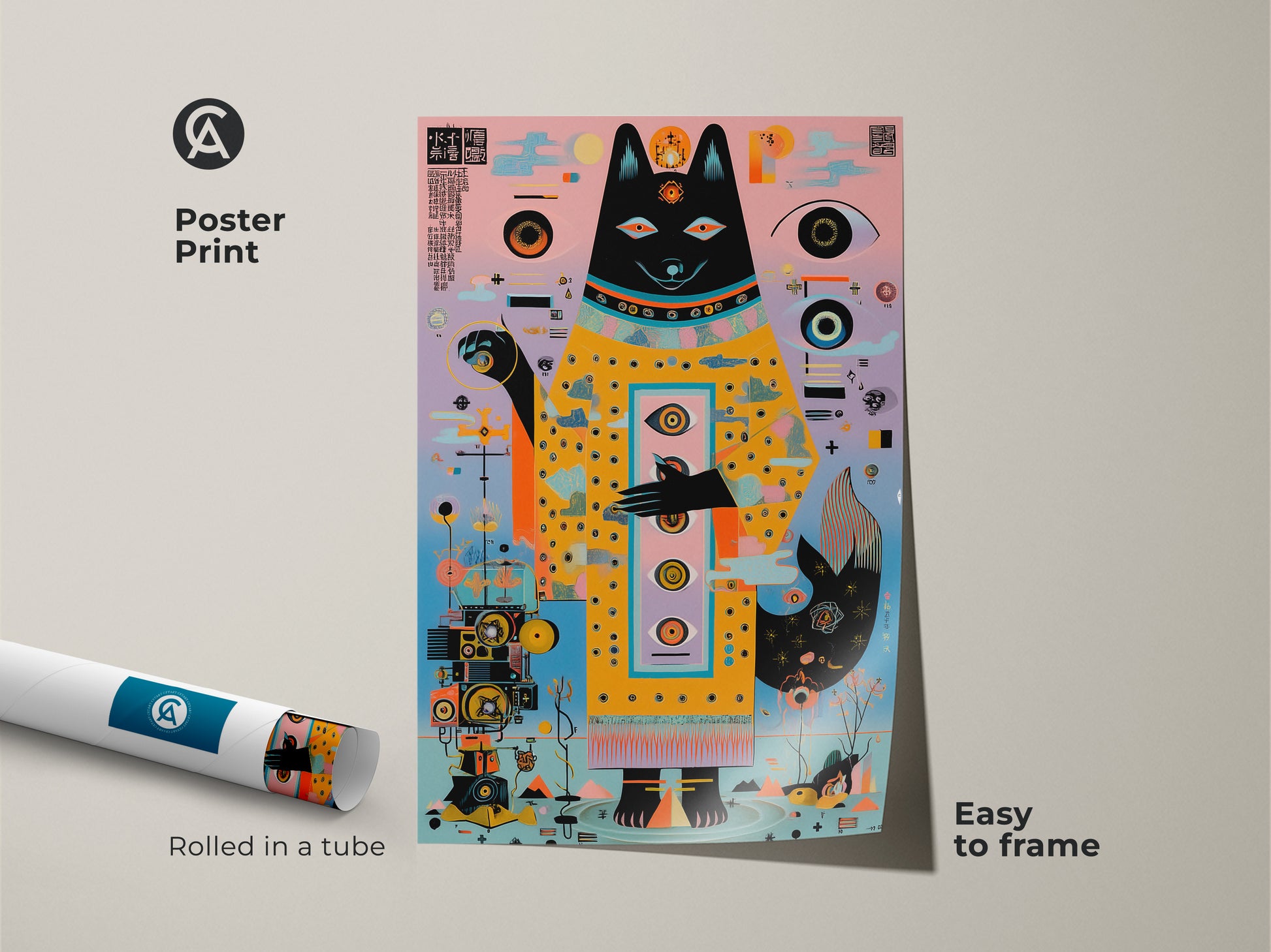 A poster print of abstract geometric dog art. The surreal dog spirit art is rolled in a tube. Easy to frame this teal pink yellow wall decor. The eclectic home office art is a unique art collector gift.