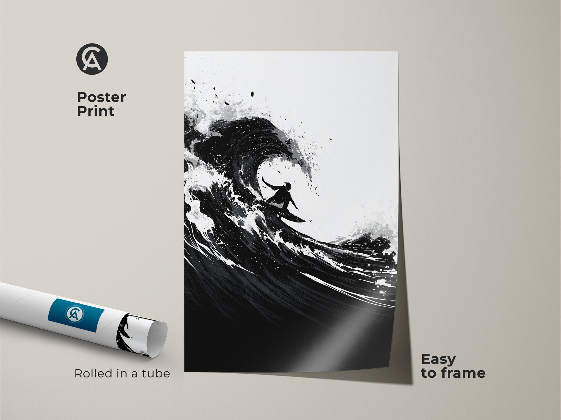 Poster print featuring abstract wave canvas art. A monochrome surfer rides a wave. Black and white ocean art is easy to frame. Ideal for minimalist wall decor and surf lovers.