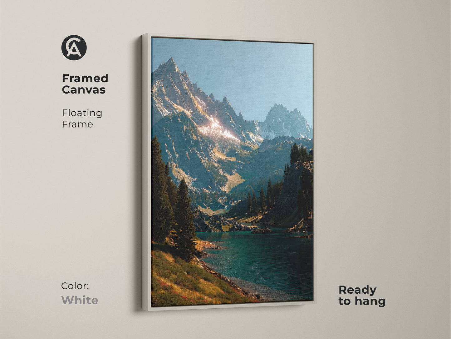 Framed canvas artwork capturing a serene mountain lake landscape. The floating frame offers a modern look. Ready to hang. The white frame provides a clean contrast. Enhance your interior with this stunning piece of art. Bring nature indoors today.